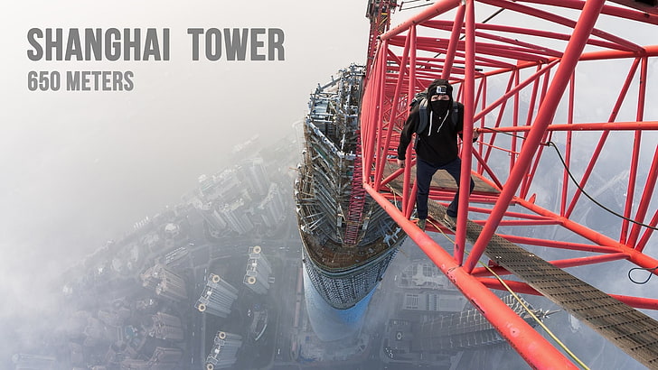 Shanghai Tower, Kina, stadsbild, stad, torn, Shanghai, klättring, fågelperspektiv, kranar (maskin), GoPro, höjder, HD tapet