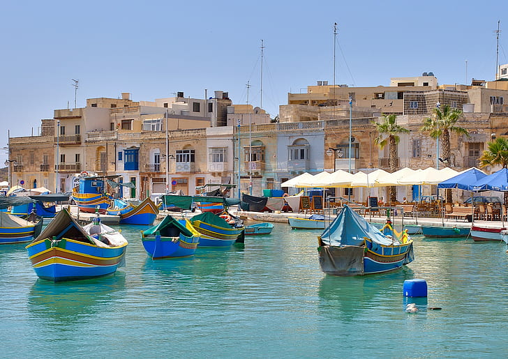 Malta, Marsaxlokk, Malta, Marsaxlokk, miasto, Morze Śródziemne, łódka, molo, domy, Budynki, Tapety HD
