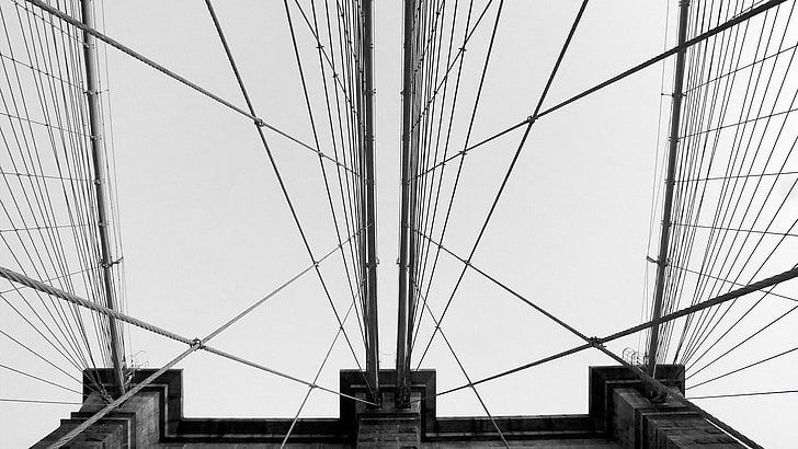 회색 콘크리트 다리, 다리, 건축, 전선, 브루클린 다리, 흑백, HD 배경 화면
