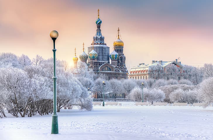 winter, snow, trees, Saint Petersburg, lantern, Cathedral, temple, Russia, The field of Mars, Church of the Savior on Blood, Eduard Gordeev, HD wallpaper