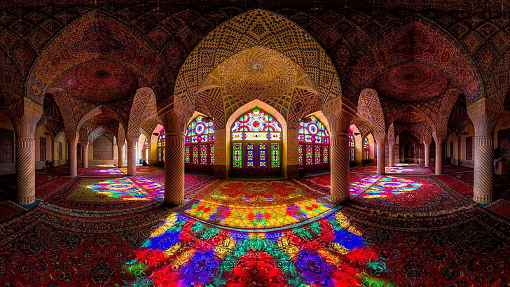 iran, pink mosque, stained glasses, mosque, panorama, fisheye, photography, photo, symmetry, lights, shiraz, colored lights, HD wallpaper