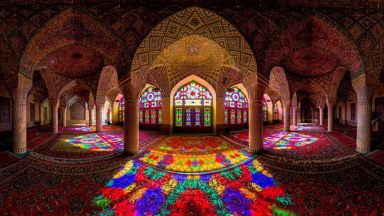 iran, pink mosque, stained glasses, mosque, panorama, fisheye, photography, photo, symmetry, lights, shiraz, colored lights, HD wallpaper HD wallpaper