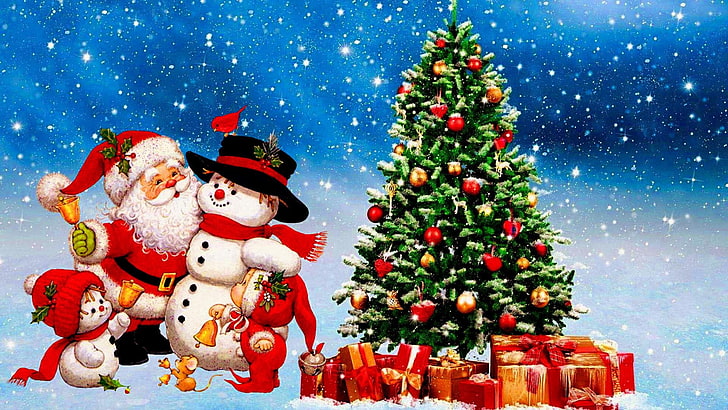 весела Коледа, Дядо Коледа, снежен човек, зима, коледно дърво, орнаменти, празник, HD тапет