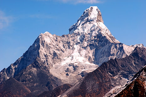 gray mountain, ice, white, grass, light, snow, landscape, mountains, nature, stones, rocks, earth, Wallpaper, the slopes, height, The sky, plants, large, shadows, clouds, blue, solar, cliffs, The Himalayas, Nepal, 1961, AMA Dablam, Republic, Himalayas, climbing, Peak, first, sight, beautiful, Ama, year, committed, Nepāl, Ganatantra, eternal, Sanghiya, Loktāntrik, Dablam, Federal, Democratic, landslides, HD wallpaper HD wallpaper