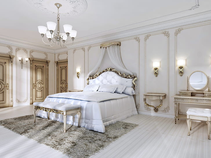 simple, bed, interior, chandelier, bedroom, Luxury, Salina, HD wallpaper