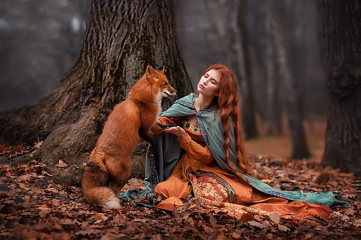 fox, fall, leaves, redhead, women outdoors, long hair, animals, fantasy girl, tree bark, HD wallpaper