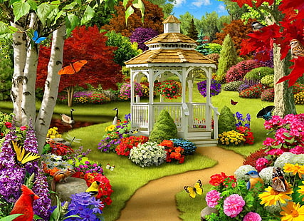 Künstlerisch, Malen, Garten, Pavillon, Frühling, HD-Hintergrundbild HD wallpaper