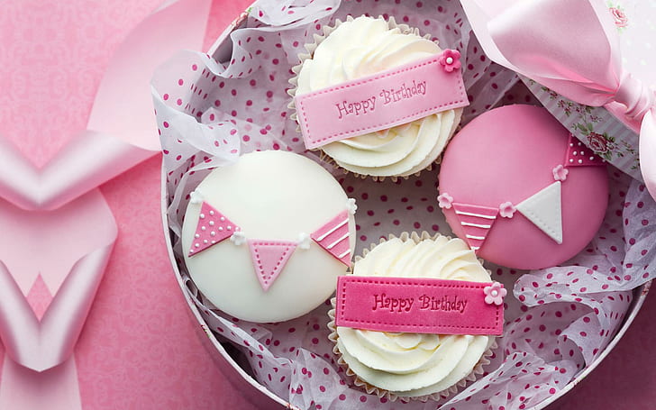 Happy Birthday JACQELINEla!!!, four pink and white cupcakes, ribbon, cream, cupcake, cake, food, happy-birthday, pink, flowers, holiday, HD wallpaper