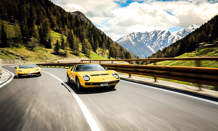 mountains, yellow cars, road, car, vehicle, Lamborghini, Lamborghini Aventador, Lamborghini Miura, HD wallpaper