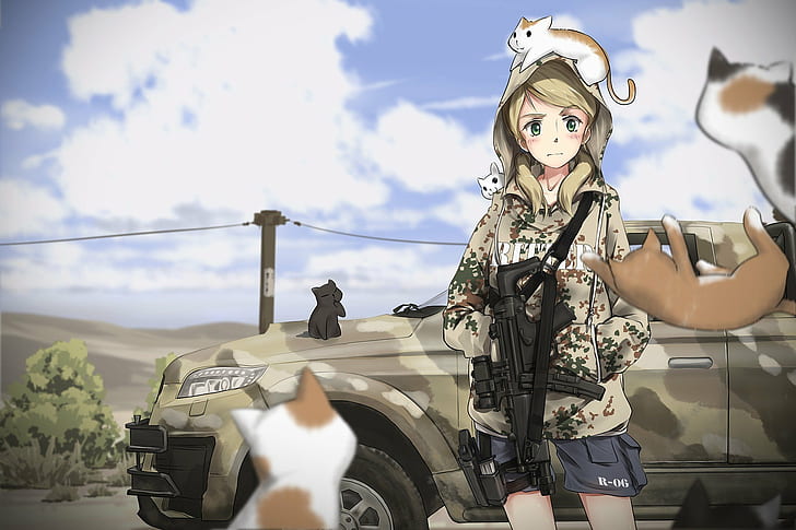 Anime Girls, coche, gato, ametralladora secundaria, toyota, fuerzas armadas turcas, Fondo de pantalla HD