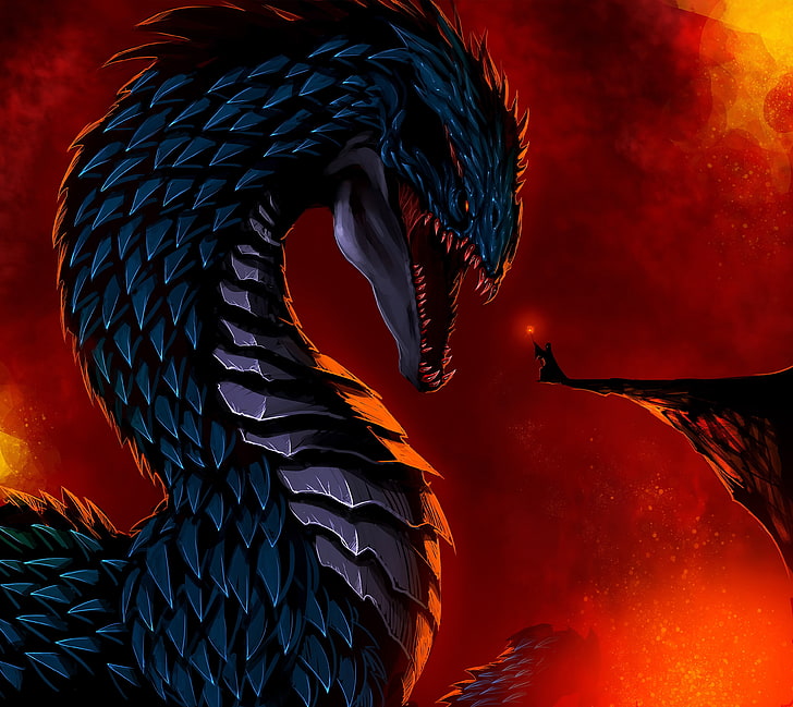 синий и серый дракон цифровые обои, дракон, фэнтези арт, произведение искусства, HD обои