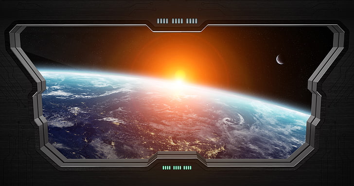 Планета Земля цифровые обои, свет, звезда, планета, Sci FI, окно космического корабля, HD обои
