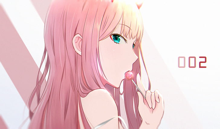cheveux roses, sucette, Zero Two (Darling in the FranXX), Darling in the FranXX, Fond d'écran HD