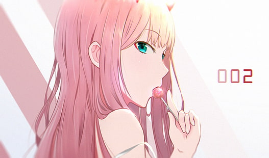 cheveux roses, sucette, Zero Two (Darling in the FranXX), Darling in the FranXX, Fond d'écran HD HD wallpaper