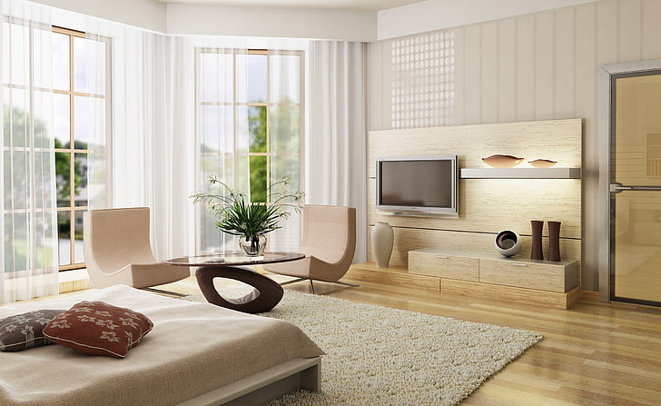 Modern Room, brown wooden TV entertainment and gray flat screen TV, Architecture, Modern, Room, HD wallpaper