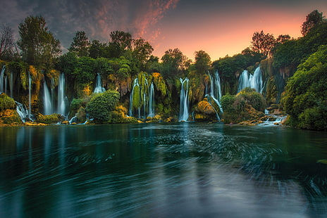 alberi, fiume, cascate, Bosnia ed Erzegovina, cascata Kravitz, cascate Kravica, fiume Trebižat, fiume Trebizat, Sfondo HD HD wallpaper