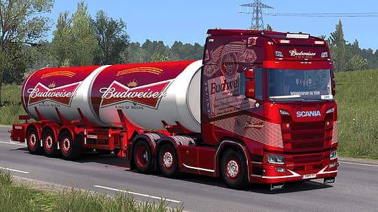 път, камион, Scania, ETS2, Budweiser, Euro Truck Simulator 2, HD тапет HD wallpaper