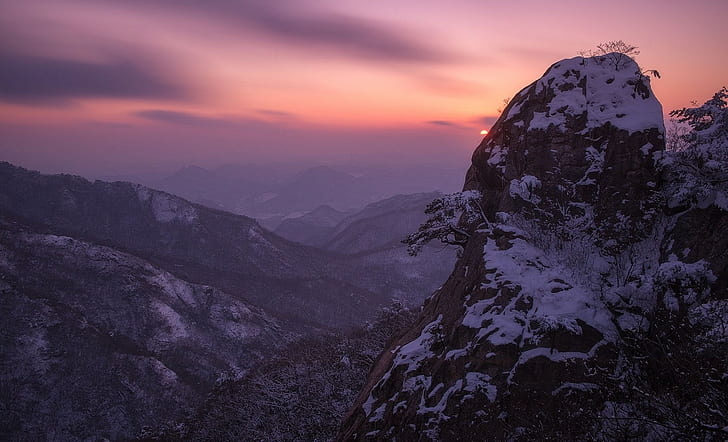fotografia, przyroda, góry, zachód słońca, śnieg, mgła, niebo, krzewy, krajobraz, Korea Południowa, Tapety HD