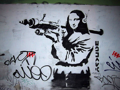 Mona Lisa painting, laughing, Banksy, Mona Lisa, headphones, artwork, HD wallpaper HD wallpaper