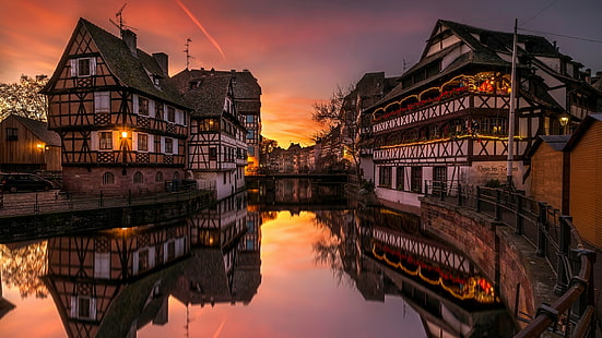 canal, restaurant, maison des tanneurs, reflected, europe, france, tourist attraction, cityscape, sunset, reflection, dusk, city, strasbourg, evening, sky, water, town, waterway, HD wallpaper HD wallpaper