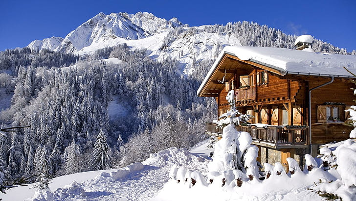 Magnifique chalet dans les Alpes françaises en hiver, forêt, hiver, chalet, montagnes, nature et paysages, Fond d'écran HD