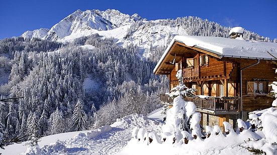 Underbar stuga i de franska alperna på vintern, skog, vinter, stuga, berg, natur och landskap, HD tapet HD wallpaper