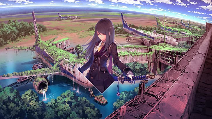 anime, anime girls, anime landscape, katana, airplane, Photoshop, digital art, picture-in-picture, piture in picture, HD wallpaper