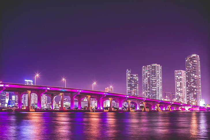 橋の図、夜、橋、フロリダ、マイアミ、フロリダ州、副市、 HDデスクトップの壁紙