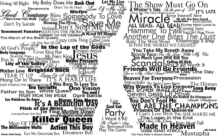 latar belakang putih dengan hamparan teks pesta, tipografi, Freddie Mercury, Queen, silhouette, Wallpaper HD