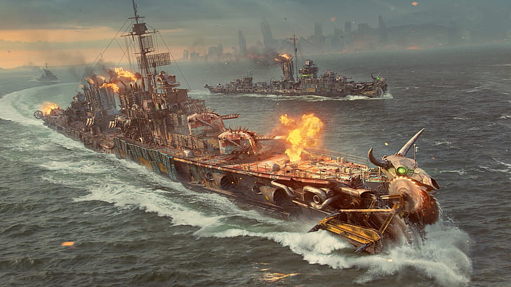 เรือรบ, World of Warships, Dieselpunk, เรือรบ, วอลล์เปเปอร์ HD