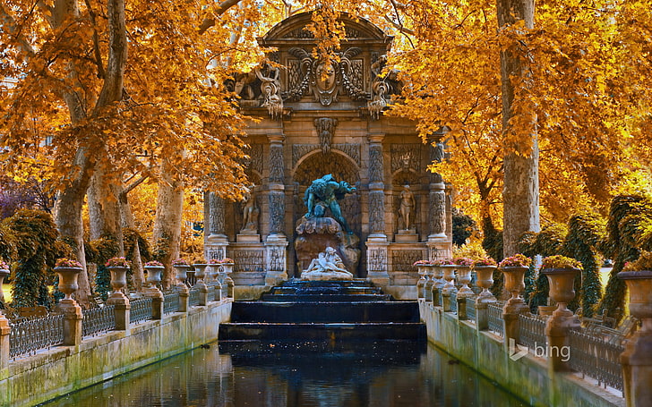 brown and black concrete statue, autumn, trees, landscape, flowers, France, Paris, fountain, Luxembourg gardens, HD wallpaper