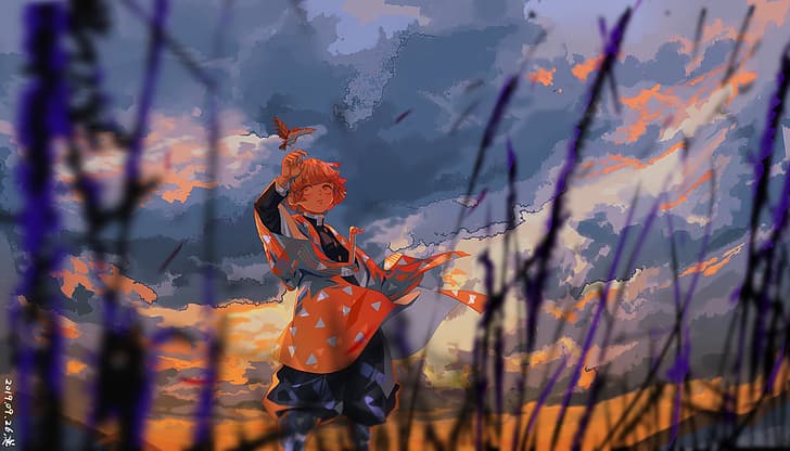 anime, Kimetsu no Yaiba, artwork, Zenitsu Agatsuma, 2D, sky, clouds, HD wallpaper