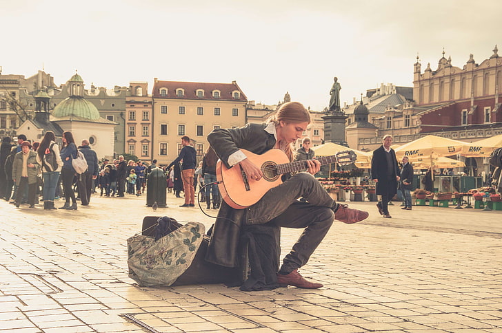 acoustic guitar, box guitar, guitar, guitarist, music, musician, old town, people, performance, poland, square, street art, street artist, street performer, streets, string instrument, public domain images, HD wallpaper