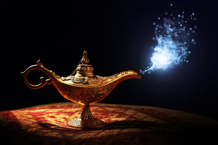 gold Genie lamp, background, patterns, lamp, drawings, HD wallpaper