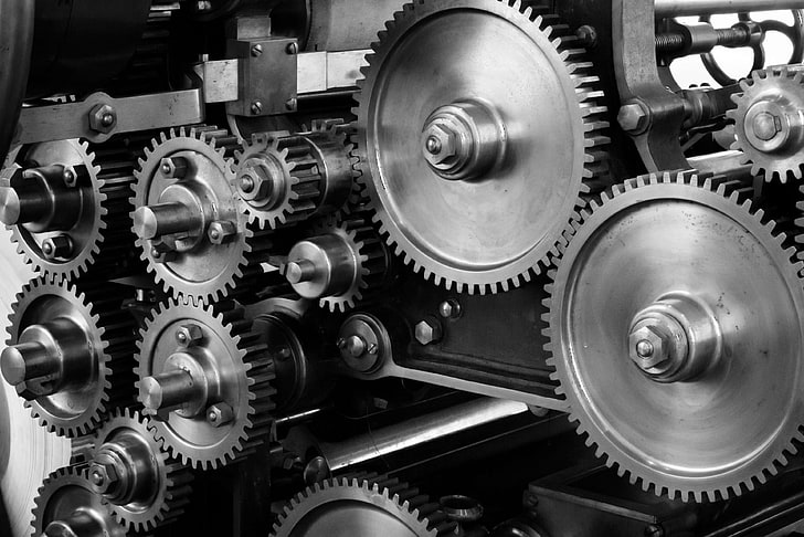 black and white, cogs, gears, industrial, machine, machinery, mechanical, mechanism, metal, monochrome, silver, steel, toothed wheels, HD wallpaper