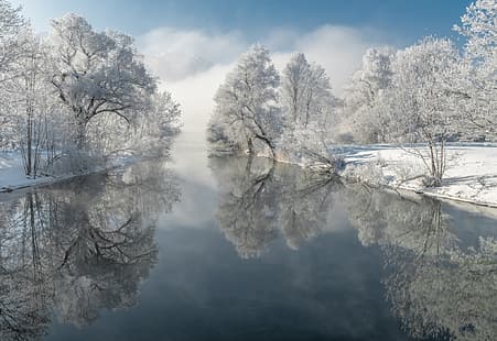  winter, frost, trees, reflection, river, Germany, Bayern, Bavaria, Loisach River, The River Loisach, HD wallpaper HD wallpaper