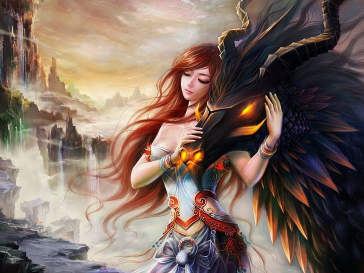 mulher e dragão ilustração, menina, dragão, amor, HD papel de parede