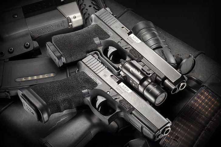 two black assault rifles, weapons, guns, flashlight, Glock 17/19, HD wallpaper