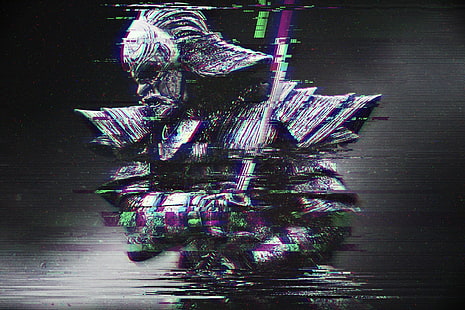 distorsión, samurai, RGB, katana, arte glitch, abstracto, Fondo de pantalla HD HD wallpaper