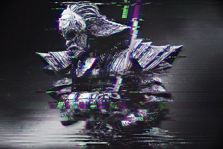 Samurai krigare digital tapet, glitch art, abstrakt, distorsion, RGB, samurai, katana, HD tapet