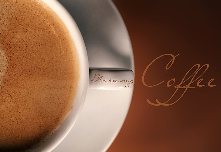 weißer keramischer Becher mit Untertasse, Schaum, Makro, Hintergrund, die Aufschrift, Kaffee, Schale, Getränk, Morgenkaffee, Espresso, HD-Hintergrundbild