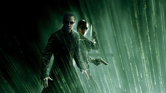 Neo de The Matrix, armes à feu, Trinity, Neo, Keanu Reeves, Matrix, Carrie-Anne Moss, Fond d'écran HD HD wallpaper
