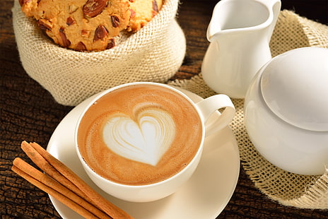 mug keramik putih dengan cawan, cinta, hati, kopi, susu, cangkir, kakao, kopi, Wallpaper HD HD wallpaper