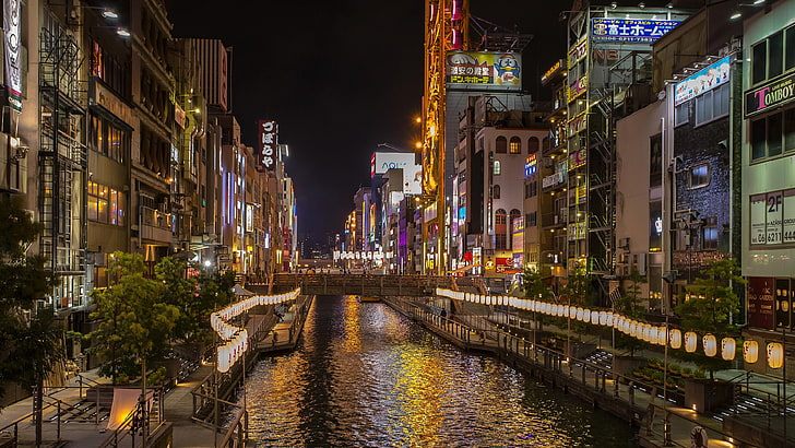 kanał Dotonbori, droga, pora nocna, Azja, Japonia, Osaka, wieczór, śródmieście, ulica, obszar metropolitalny, arteria wodna, światła miasta, metropolia, pejzaż miejski, woda, most, kanał, noc, odbicie, Tapety HD