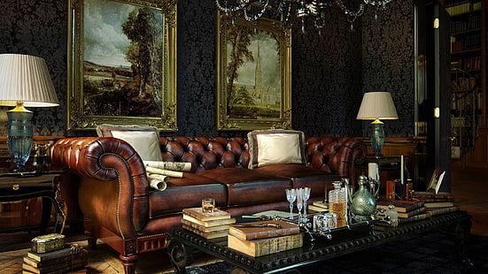 living rooms, interior design, interior, books, alcohol, painting, indoors, HD wallpaper HD wallpaper