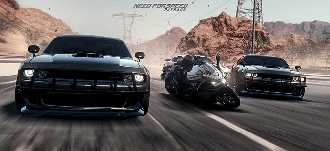 два черных автомобиля и один спортивный мотоцикл, пустыня, мустанг, гонки, Dodge Challenger, мото, автомобили, арт, экшн, фотошоп, гонки, Need For Speed, аркада, WCP, simby, PAYBACK, HD обои HD wallpaper