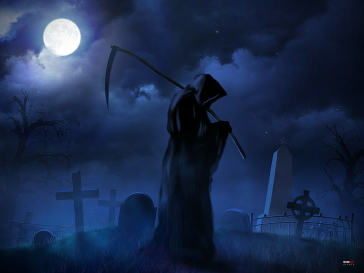 cemetery, cross, Dark, fantasy, Grave, reaper, scythe, weapon, HD wallpaper