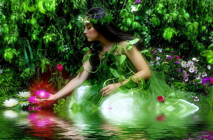 Fantasy, Fairy, Brunette, Flower, Girl, Leaf, Lotus, Makeup, Pond, Spring, Water Lily, Woman, HD wallpaper