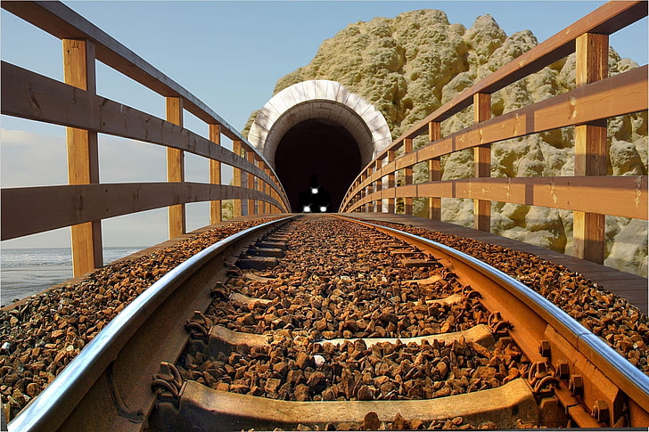 brązowy drewniany płot i kamienny tunel, pociąg, Tapety HD