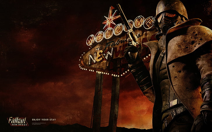 Fond d'écran du jeu Fallout, Fallout: New Vegas, jeux vidéo, pistolet, apocalyptique, casque, art numérique, Fond d'écran HD